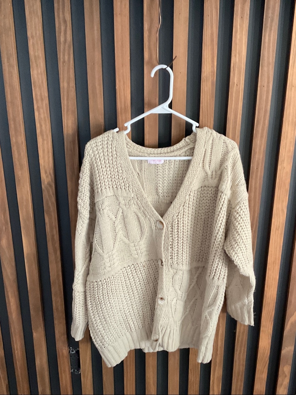 Pink Lily Chunky Cable Knit Cardigan in Beige